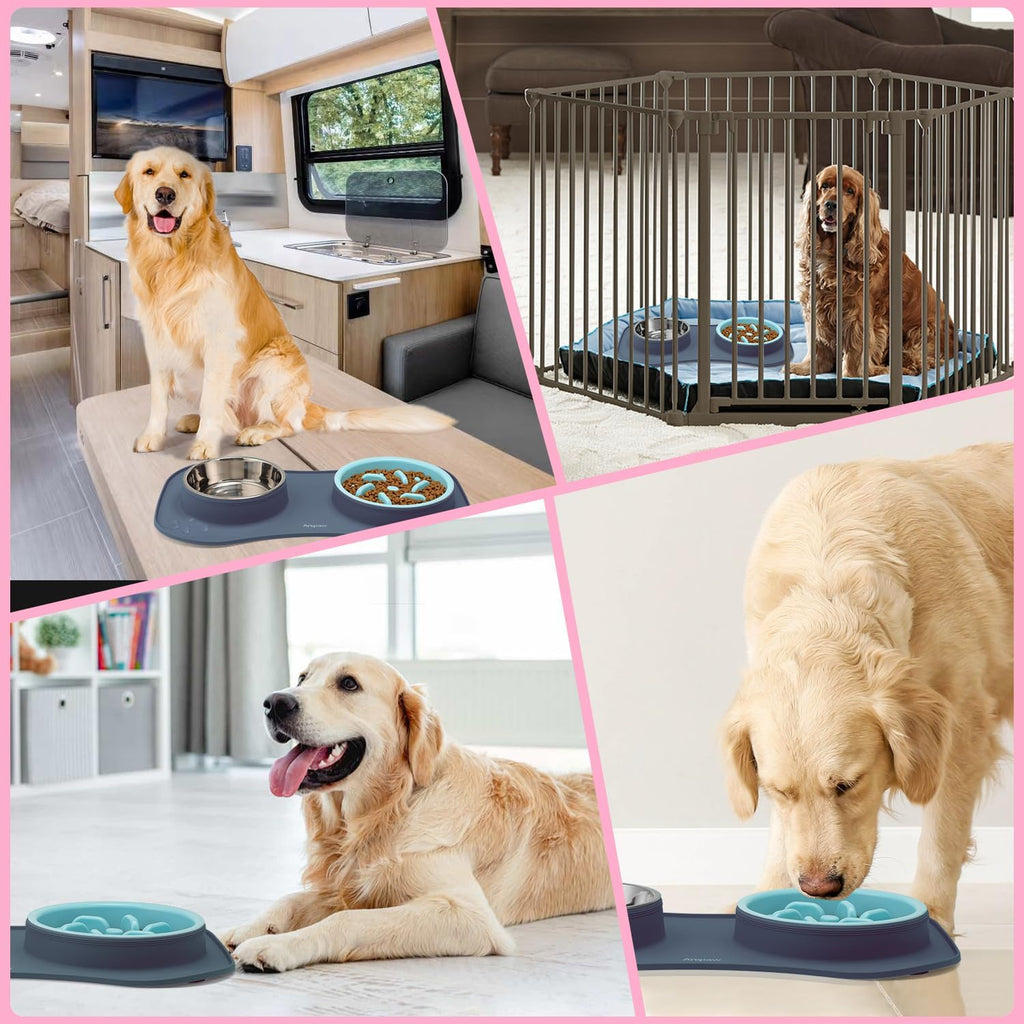 Slow Feeder Dog Bowls 3 in 1 Stainless Steel Food Water Bowl to Slow Eating | Durable, Non-spill & Non-skid with Silicone Mat Design, Slow Down Eating, Suitable for Small Medium Large Dogs and Cats