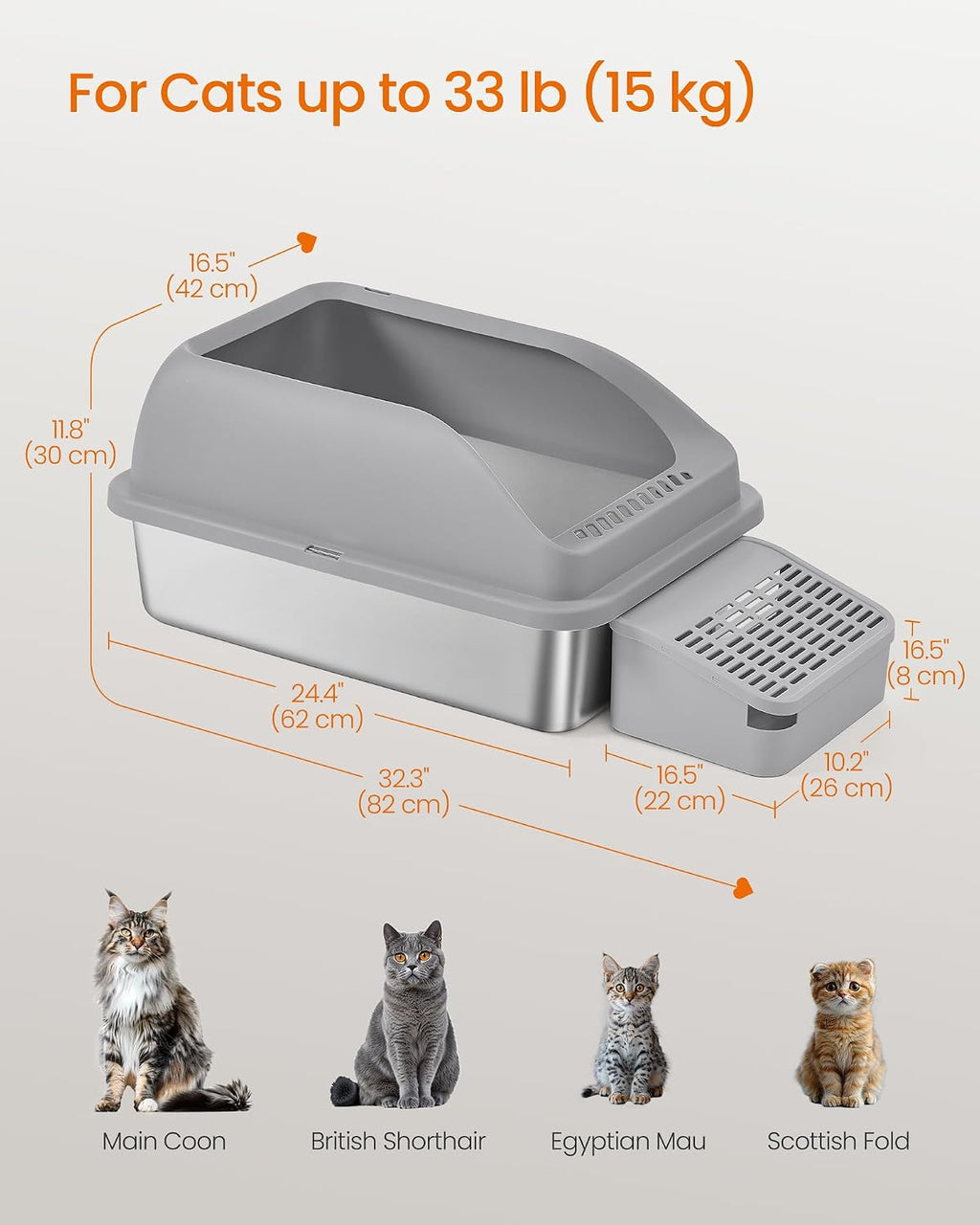 Feandrea 1 Pack Stainless Steel Cat Litter Box, for Cats up to 33 lb | High Sided Litter Tray with Open Top, Step, Scoop, Brush, Dove Gray, UPPT008GN01