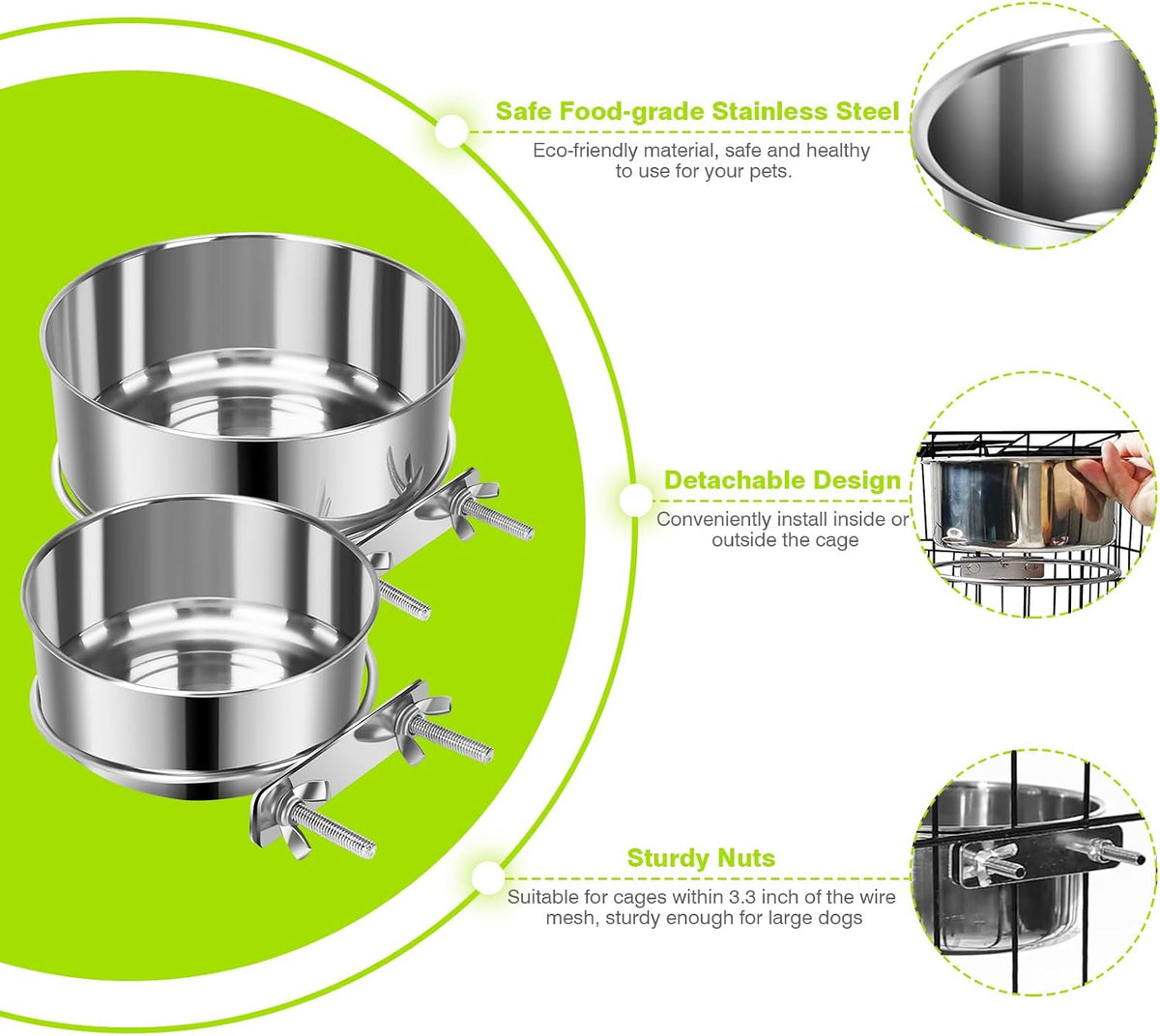 2 Pcs Stainless Steel Small Dog Crate Food Water Bowl, 19 & 12 OZ | Non-Spill, Detectable, Hanging Cage, Feeder Dish with Clamp Holder for Small Pets, Size 4.7x1.9'' & 3.9x1.7''