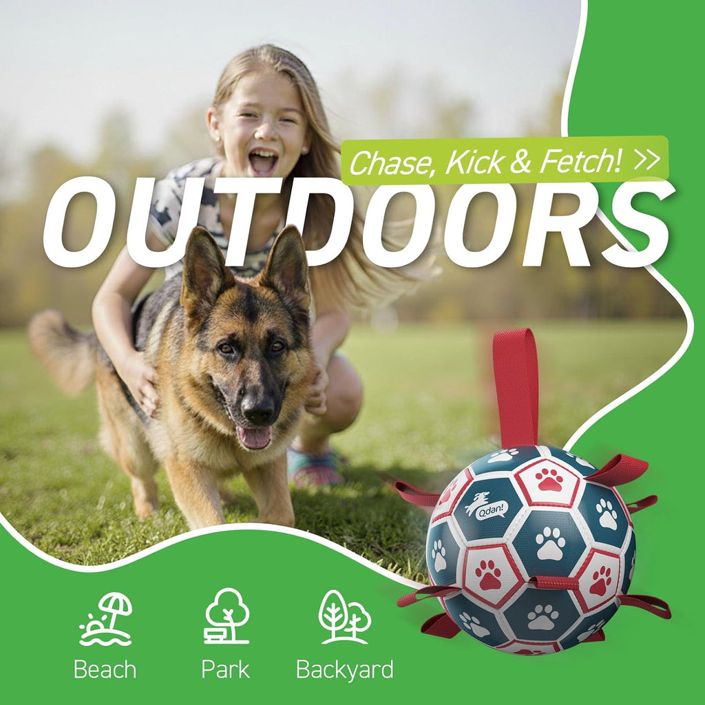 QDAN Large Dog Soccer Ball with Straps, 9 Inch Big Balls for >90 lbs Dogs | Giant Herding Ball for Dogs, Interactive Dog Toys for Tug of War, Puppy Birthday Gifts, Water Toy, Training Soccer Balls