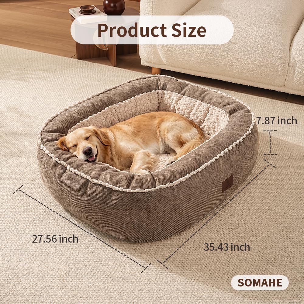 SOMAHE Calming Oval Bolster Dog Bed, Washable Cover, Large 35x28x8 Coffee