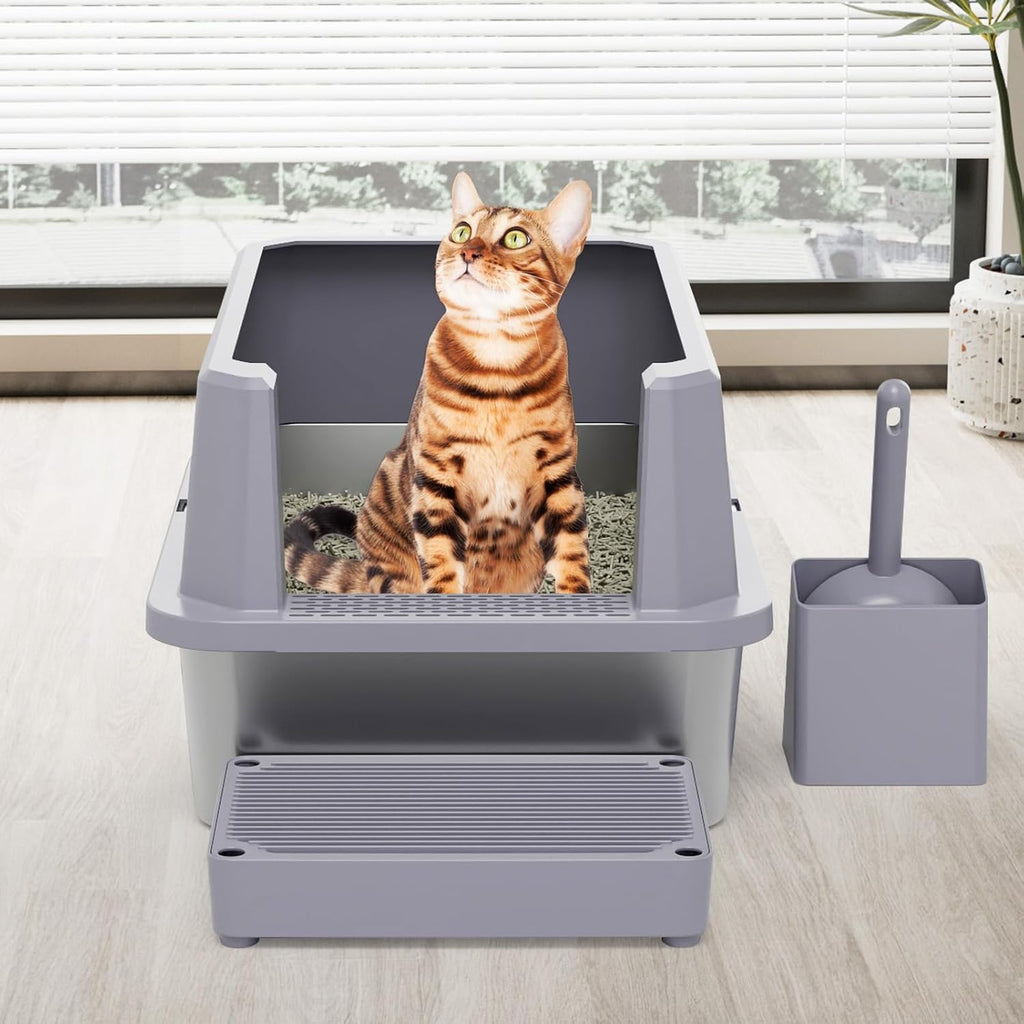 RIZZARI Open Cat Litter Box: Stainless, High Sided, Easy Clean | Spacious for Large Cats / 304 Stainless Anti-Odor / 6.5" Splash Guard / Leak-Proof Seams / Apartments & Laundry