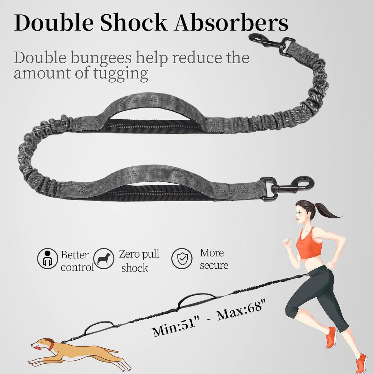 iYoShop Hands Free Dog Leash with Zipper Pouch, Large, 25-120 lbs, Grey