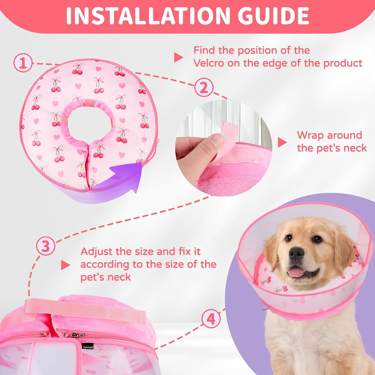 Inflatable Recovery Dog Cone Collar for Large Medium Dogs After Surgery, Soft Dog Donut Collar Adjustable Recovery Bone for Pets, Prevent from Biting & Scratching (Pink, L)