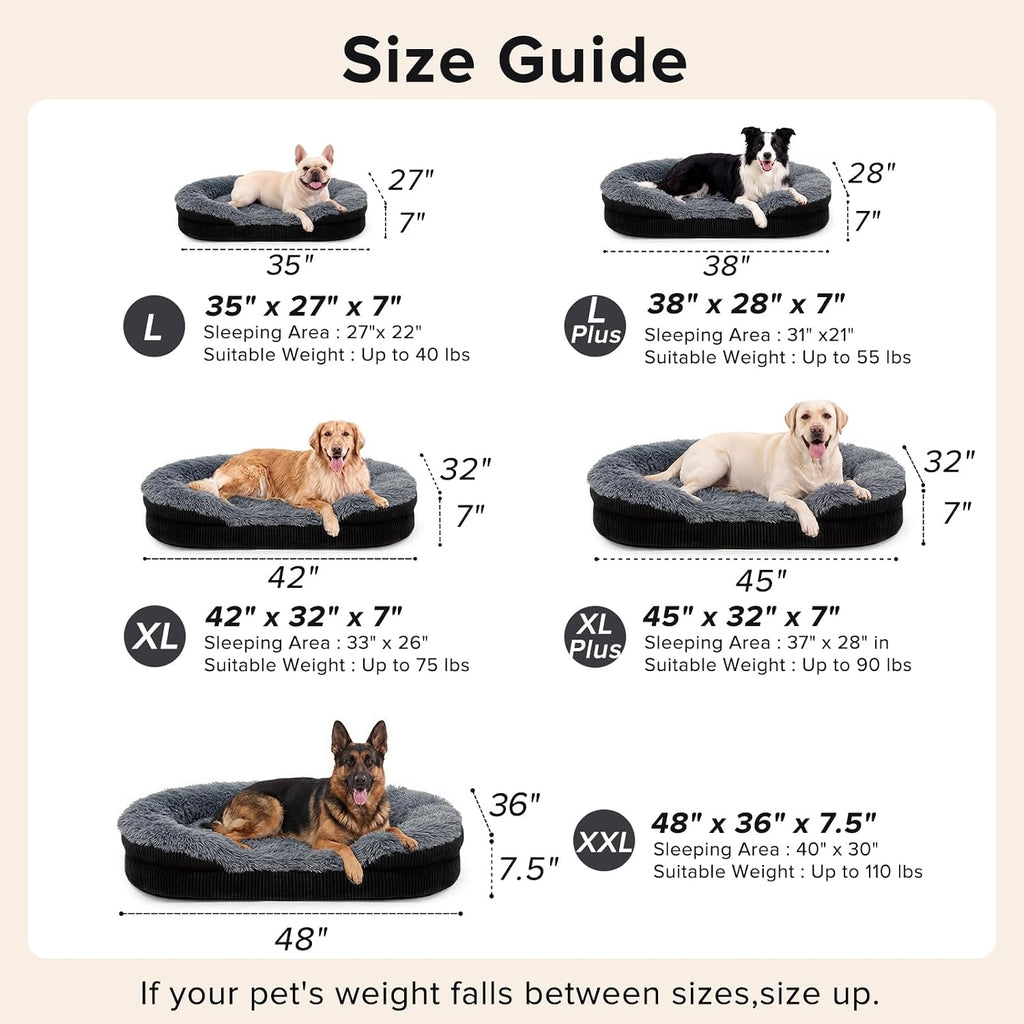 INVENHO Fluffy Orthopedic Dog Beds Large Sized Dog, Jumbo Egg-Crate Foam Bolster Sofa Bed with Washable Removable Waterproof Cover, Fluffy Plush Faux Fur Dog Bed with Non-Skid Bottom