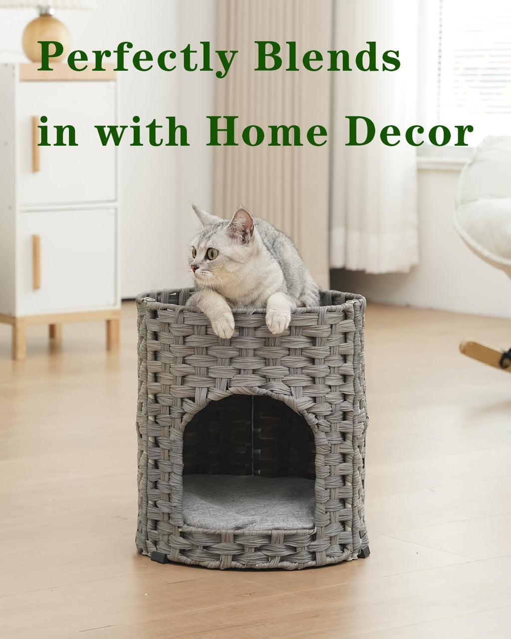 SETVSON Cat House for Indoor Cat, Small Handwoven PE Rattan Cave, Gray