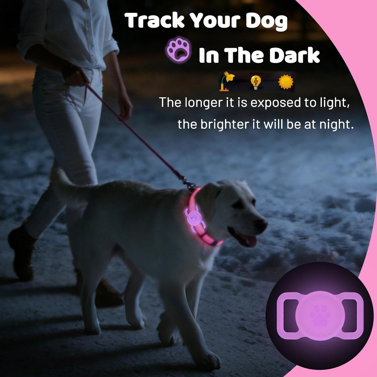 SANKALA Luminous Airtag Dog Collar Holder, Pink Glitter, 1 Pack