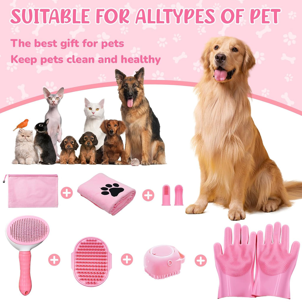 Dog Grooming Kit for Shedding – 8-Piece Pet Grooming Supplies with Deshedding Brush, Bath Gloves, Towels & Silicone Toothbrush | Ideal for Dogs, Cats, Small and Large Pets (Pink)