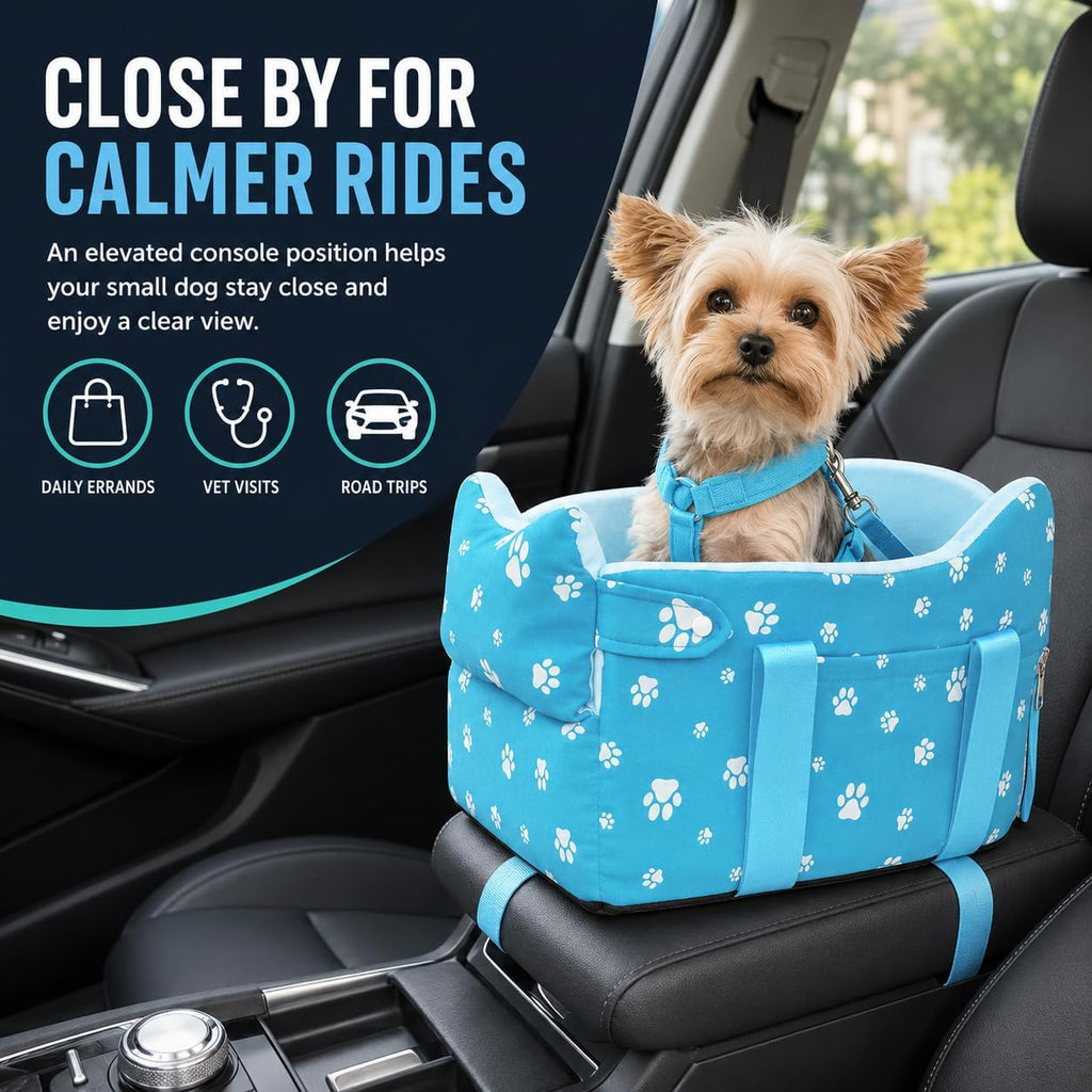 Center Console Dog Car Seat for Small Dogs Under 15lbs,Detachable Washable Booster Pet Car Seat Travel Bed with Storage Pockets and Seat Belt(Blue)