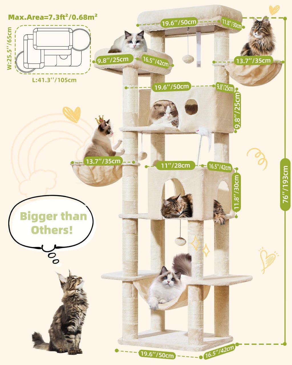 Taoqimiao 76in Cat Tree, Tall Sturdy Cat Tower for Large Indoor Cats MS046M