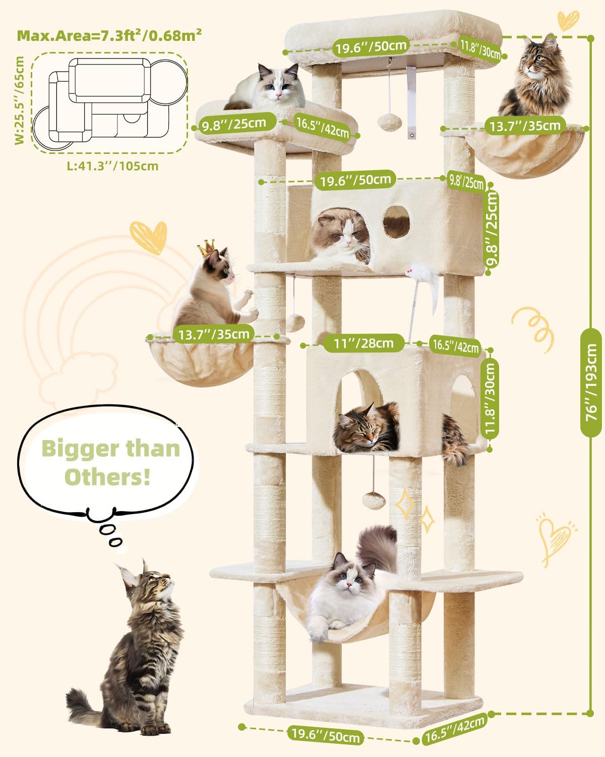 Taoqimiao 76in Cat Tree, Tall Sturdy Cat Tower for Large Indoor Cats MS046M