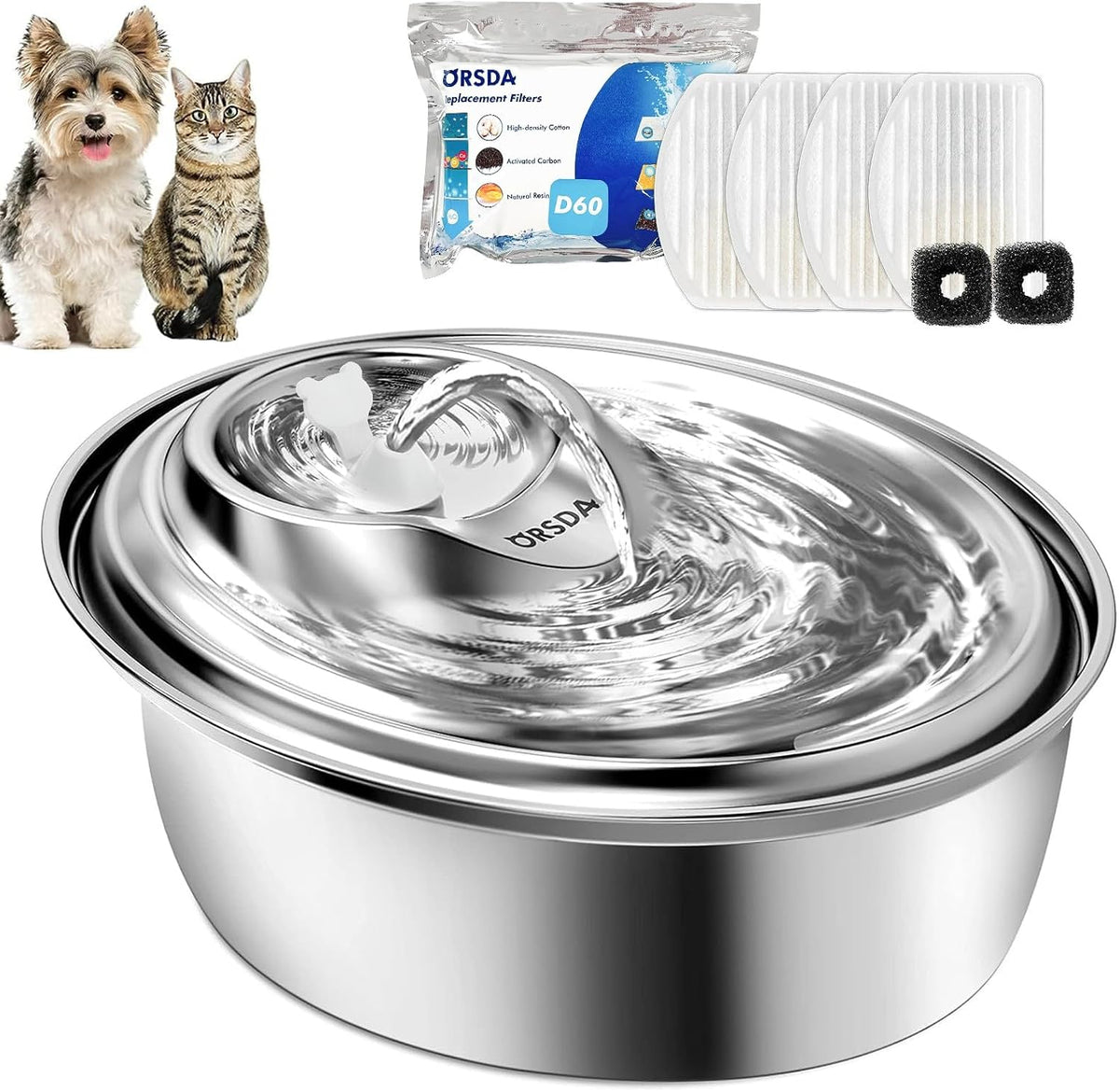 ORSDA Cat Water Fountain Stainless Steel, D60/3L Automatic Pet Drinking Fountain for Cats Inside, Dog Water Dispenser with Adjustable Water Flow and 6 Replacement Filters for Cats, Dogs (D60)