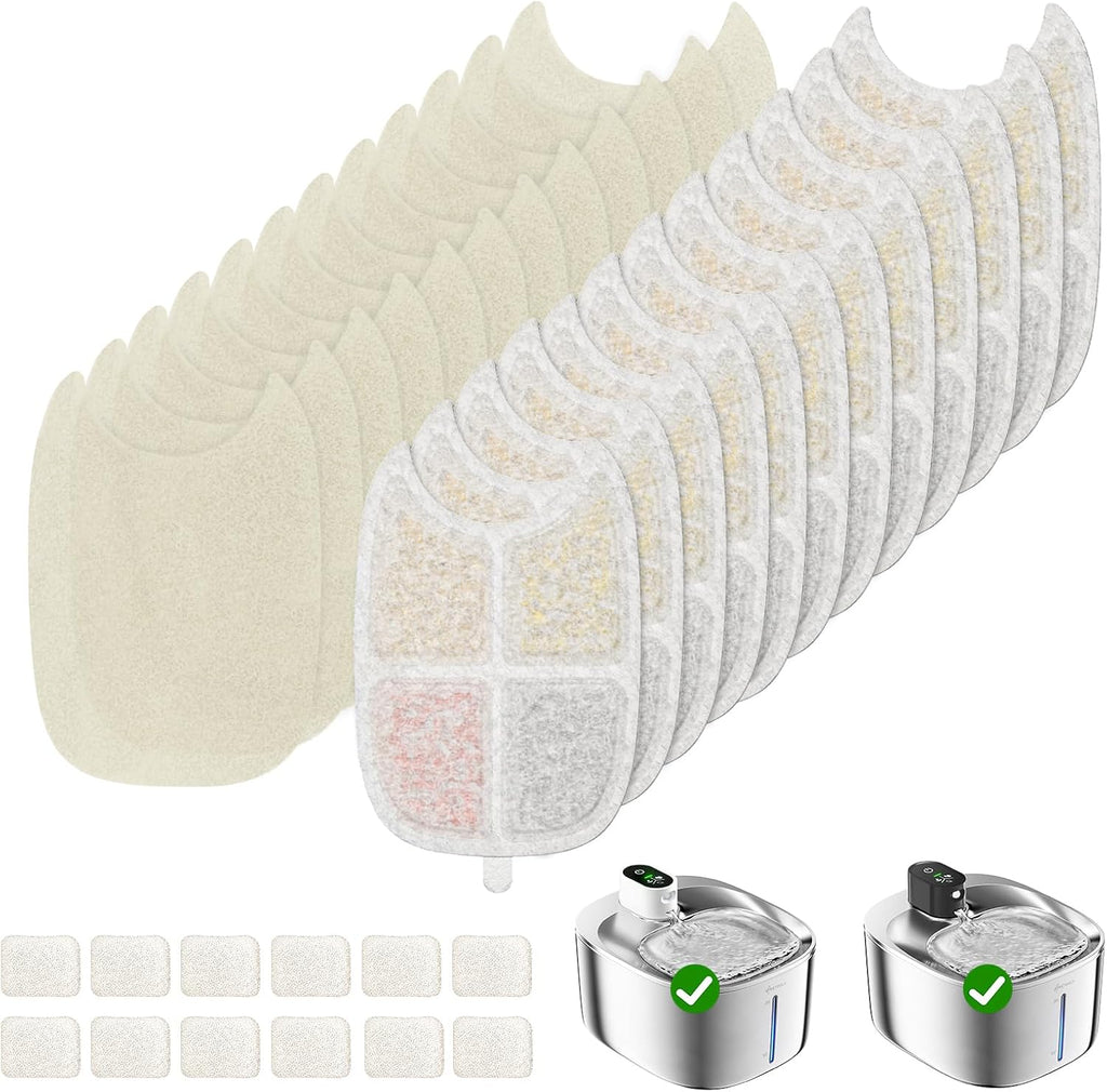 Cat Water Fountain Filter,12 Pack FS10PRO Cat Fountain Filter Replacement, 12 PCS Filters & 12 PCS Sponge Set for Stainless Steel Cat Dispenser,6 Layer Filters for Pet Fountain