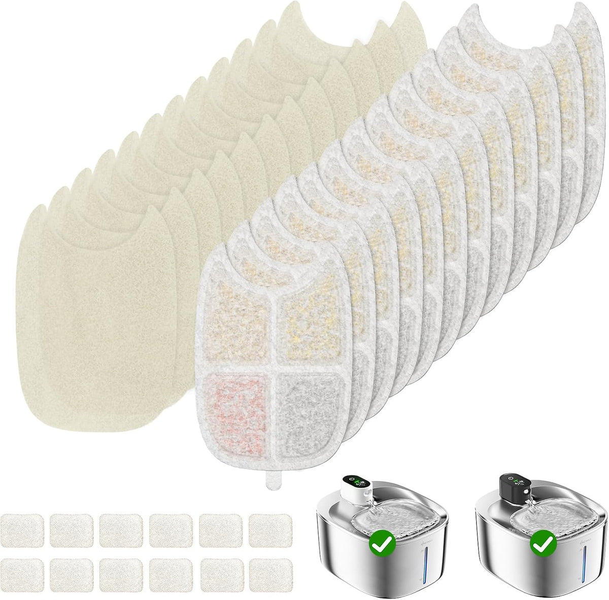 Cat Water Fountain Filter,12 Pack FS10PRO Cat Fountain Filter Replacement, 12 PCS Filters & 12 PCS Sponge Set for Stainless Steel Cat Dispenser,6 Layer Filters for Pet Fountain