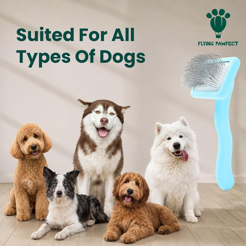 Pet Slicker Brush With Soft Massage Grooming Stainless Steel Pins - For Dematting, Shedding Fur, and Undercoat - Ideal Gift for Professional Pet Groomers - Long Slicker Brush (Baby Blue, Flat Medium)