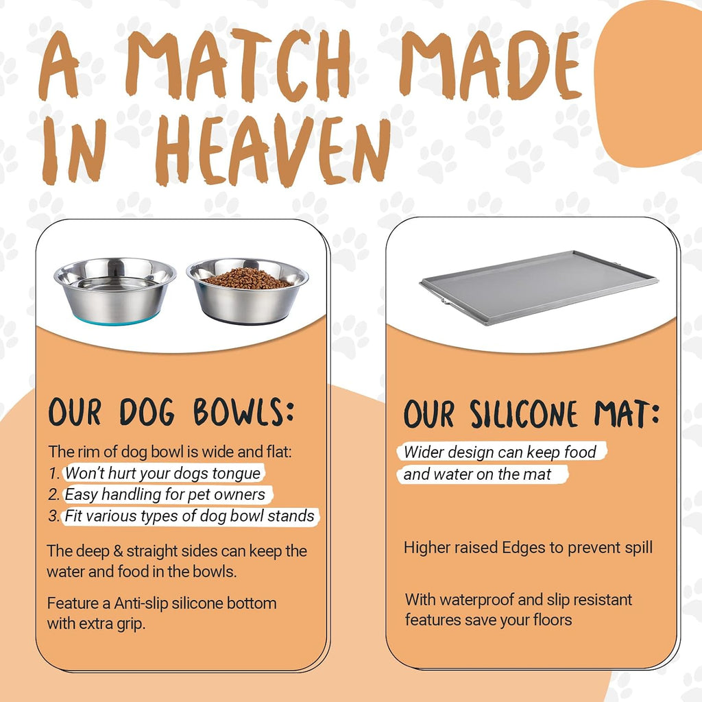 Deep Stainless Steel Anti-Slip Dog Bowls with Silicone Mat - 2 Bowls + Mat, 6 Cups 