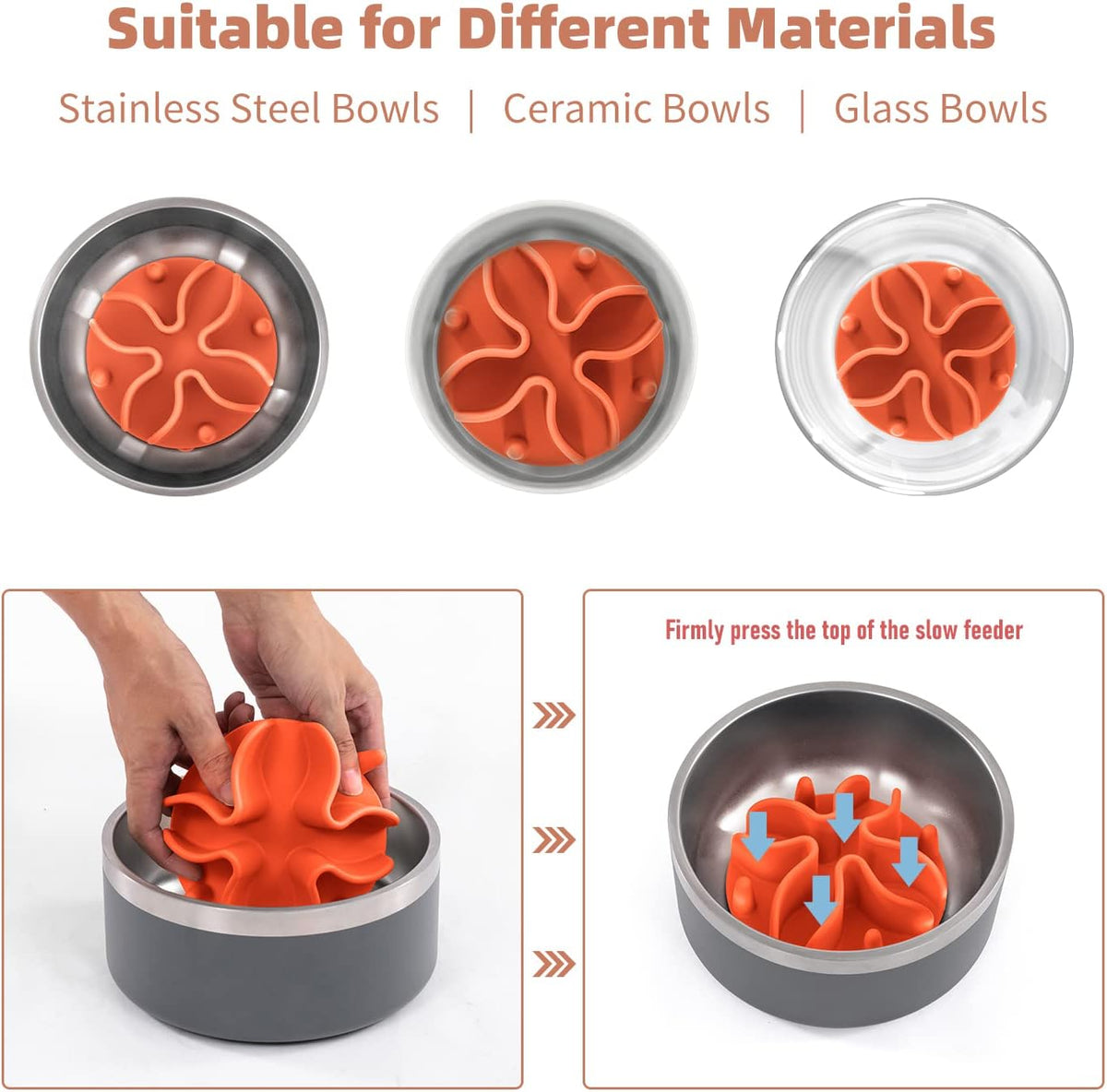 Jaoul Slow Feeder Dog Bowls Insert, Puzzle Slow Feeder Insert with 30 Octopus Suction Cups for Small Medium Large Size Dog Food Bowl (4.72 inch, Orange)