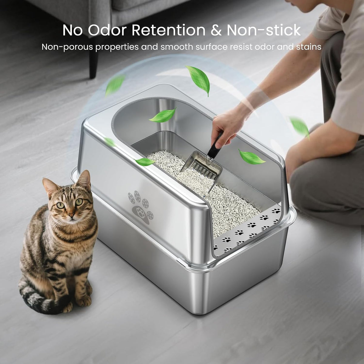 Enclosed Stainless Steel Cat Litter Box with Lid, XL Pan for Big Cats