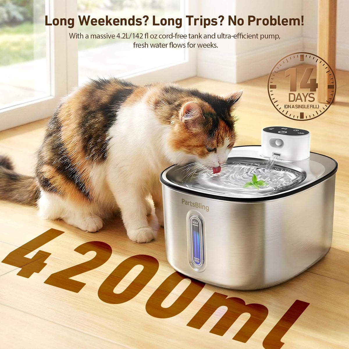 PartsBling Stainless Steel Cat Water Fountain, 4.2L/142 oz