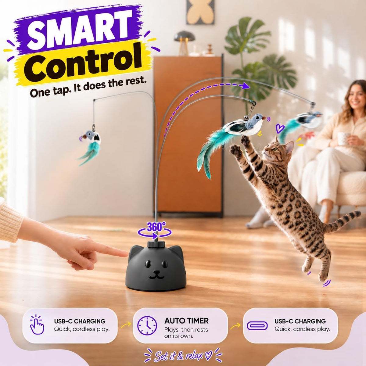 Interactive Cat Toys for Indoor Cats, 360° Automatic Spin Flying Bird Wand