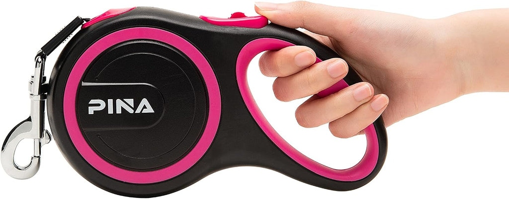 PINA Retractable Dog Leash, 10ft Dog Leash for Small Dogs Up to 33lbs, 360° Tangle-Free Strong Reflective Nylon Tape, with Anti-Slip Handle, One-Handed Brake, Lock - Black Pink
