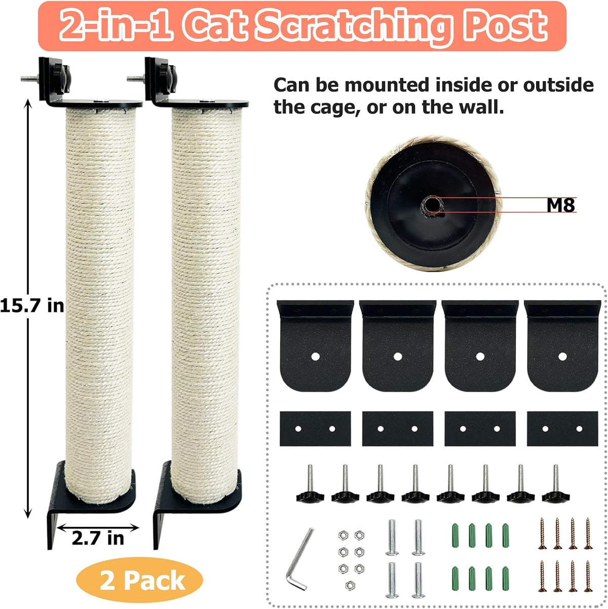 Cat Scratching Post Wall Mounted 2-in-1 Cage Mount Cat Scratcher