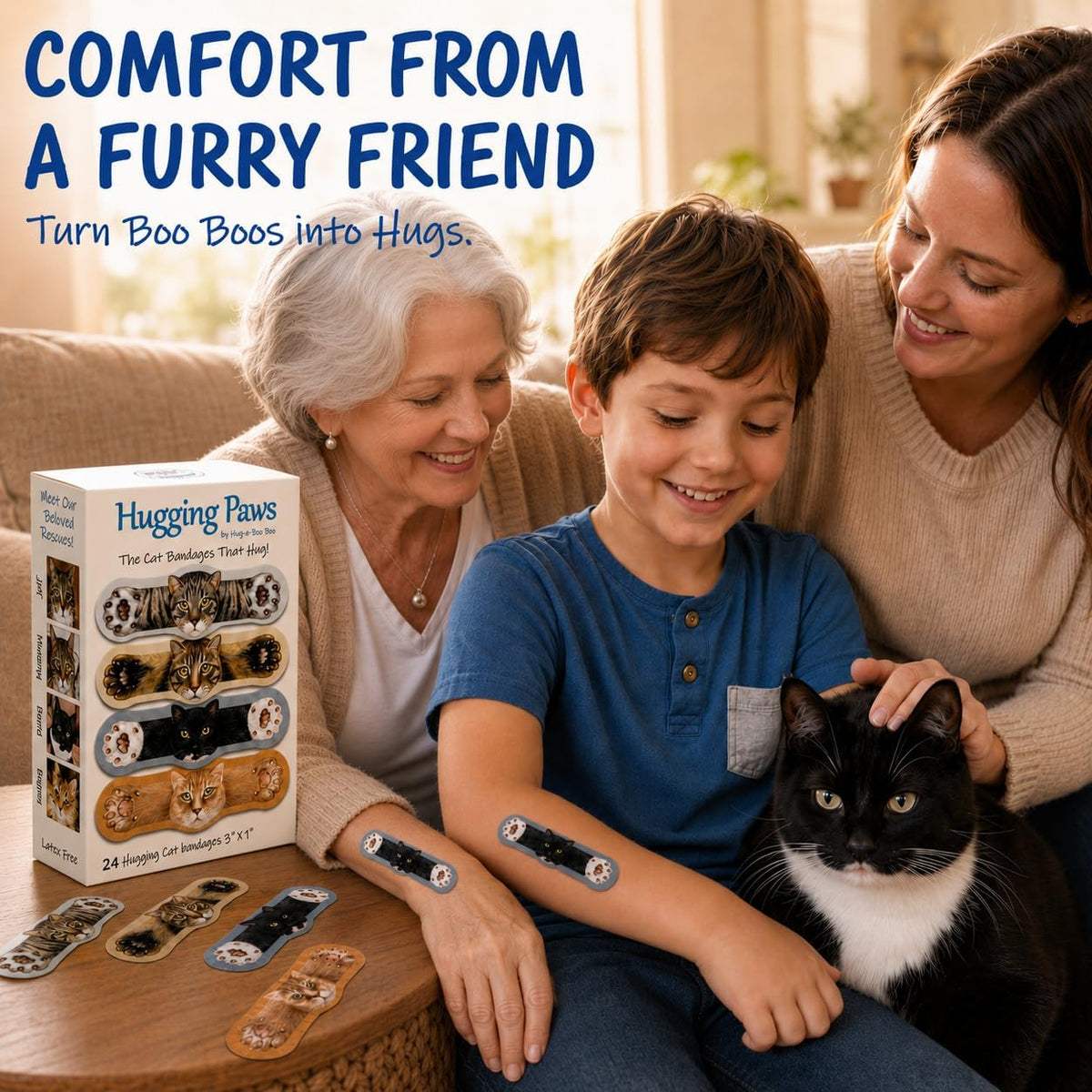 Hugging Paws – Cat Themed Bandages from Hug-a-BooBoo, The Friendly Kitty Bandages that Hug! Beautiful Wound Coverings Feature Paintings of Actual Rescue Cats! Great Cat Lover Gift! 24 Count Box
