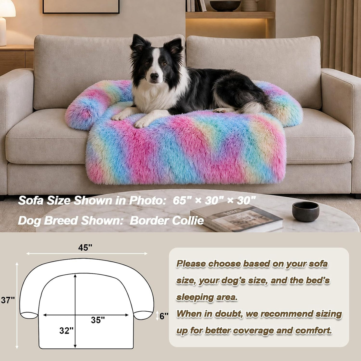 GGIB Calming Dog Bed Fluffy Plush Dog Mat for Furniture Protector with Removable Washable Cover for Large Medium Small Dogs and Cats (Large, Rainbow)
