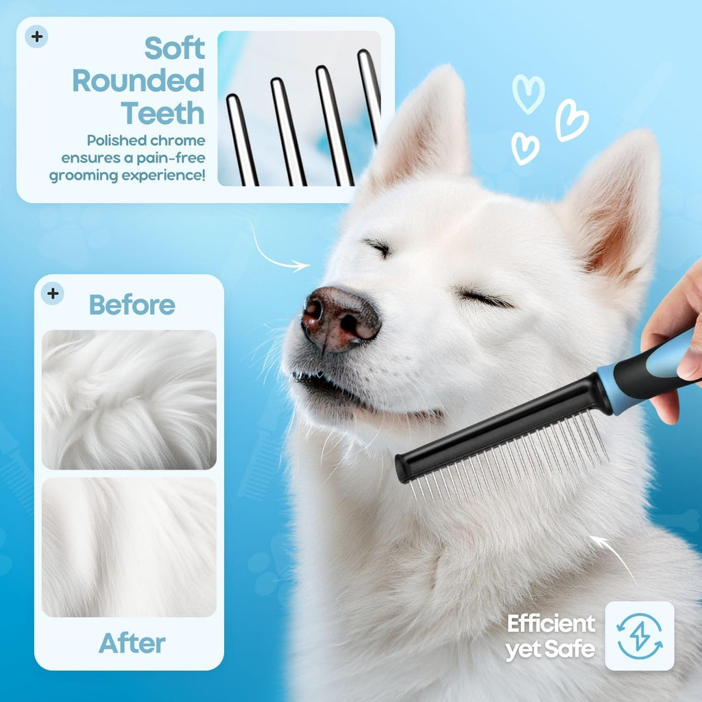 Flexzion Metal Dog Comb for Grooming and Dematting, Blue Soft-Grip Handle