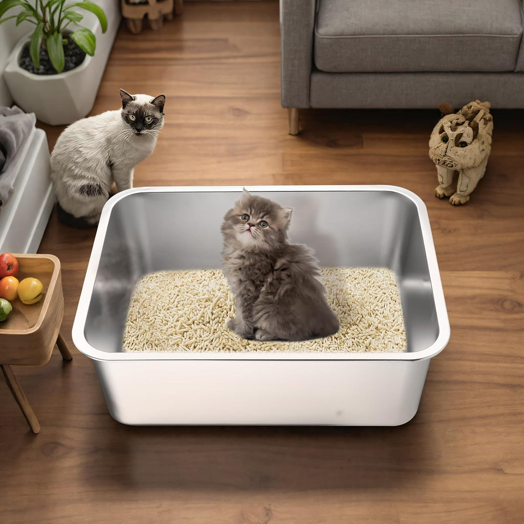 Stainless Steel Cat Litter Box - Medium Litter Box for Cats, Rabbits, and Pets, Non-Stick, Odor-Free, Easy to Clean, Splash-Proof, Sturdy and Durable (17.7" L x 13.8" W x 6" H)