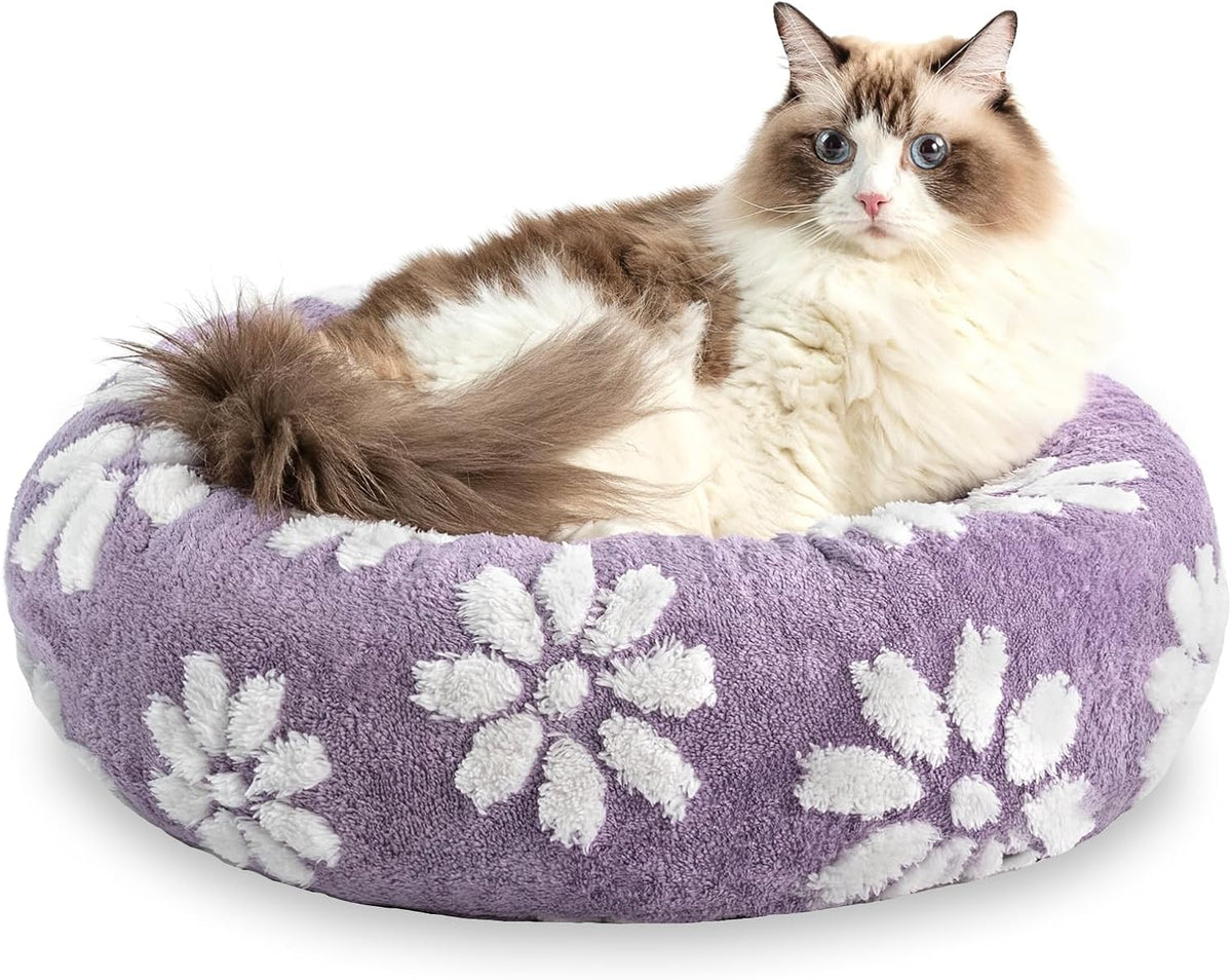 Round Cat Beds for Indoor Cats, Small Donut Dog Beds, Purple, 20"