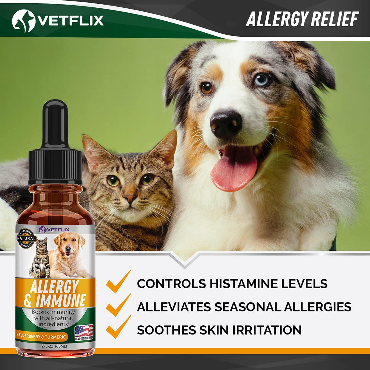 Allergy and Immune Supplement for Dogs and Cats, Anti Itch Drops, 2 Fl Oz