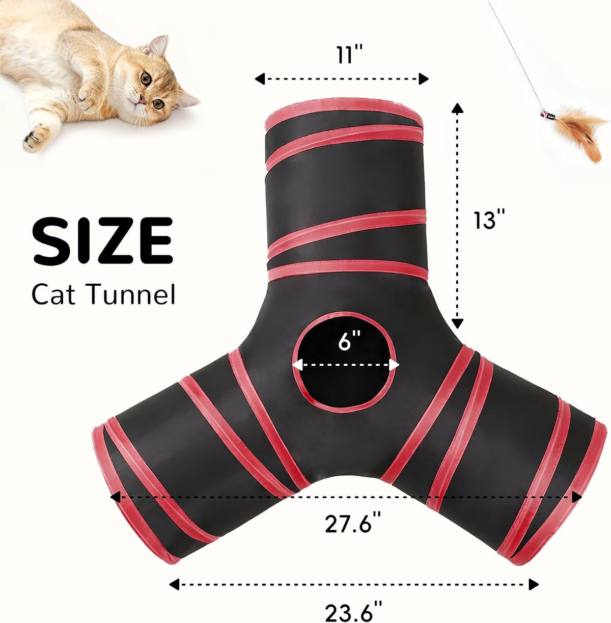 Tempcore Cat Tunnel, 3-Way Collapsible Toy for Indoor Cats, Black & Red | 3-Way Cat Tunnel with Peek Holes, Hanging Ball and Teaser Wand, Collapsible Design for Play, Hiding, Chasing and Exercise