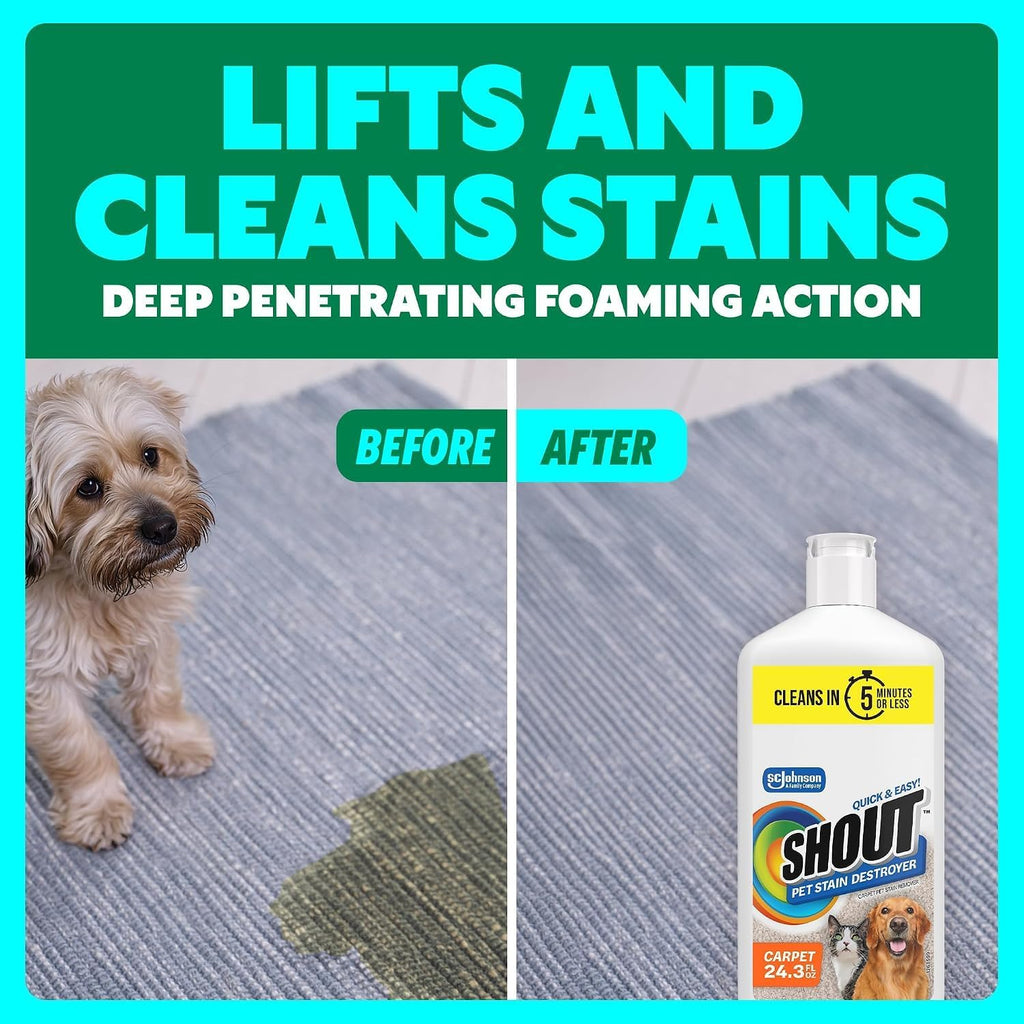 Shout Pet Stain Remover, Color-Safe Rug, Upholstery & Carpet Cleaner Solution for Dog & Cat Urine, Feces, Vomit & Mud, Fights Odors & Remarking, Fast-Acting Cleans in 5 Minutes or Less, 24.3oz