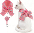 KOOLTAIL Small Dog Harness and Leash Set, Cute Puppy Vest Harnesses with Bowtie, Step in No Pull Soft Mesh Padded Adjustable Plaid Pet Harness for Extra-Samll Medium Dogs Cats, Boy Girl, Pink XS-M