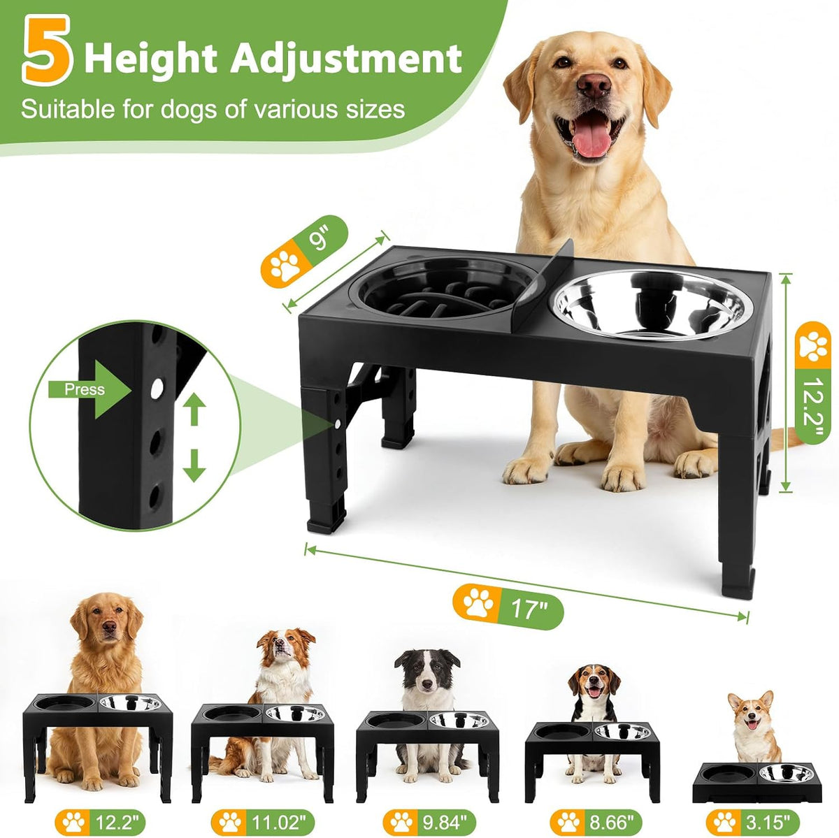 4-in-1 Elevated Dog Bowl Stand with Slow Feeder, 5 Adjustable Heights