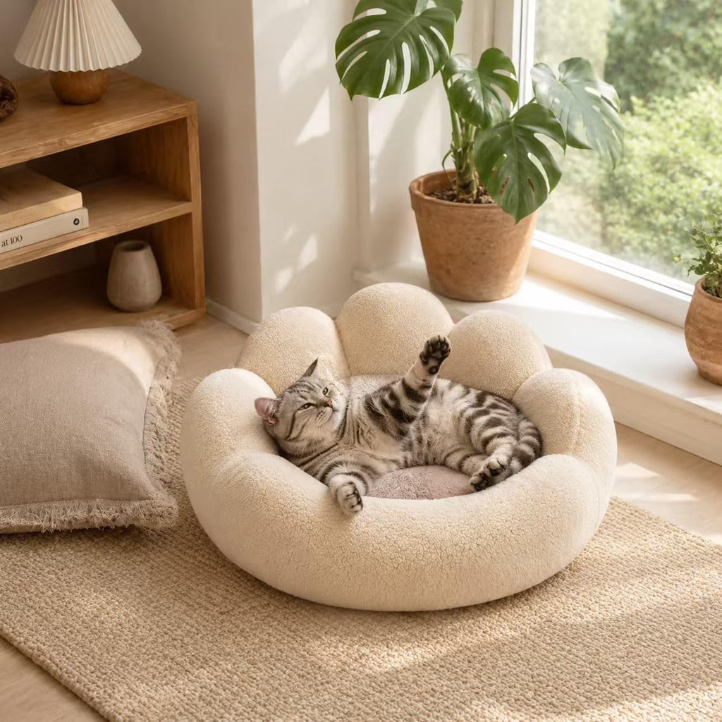 Small Dog Bed, Flower-Shaped Calming Cat Bed, 23 in, Beige