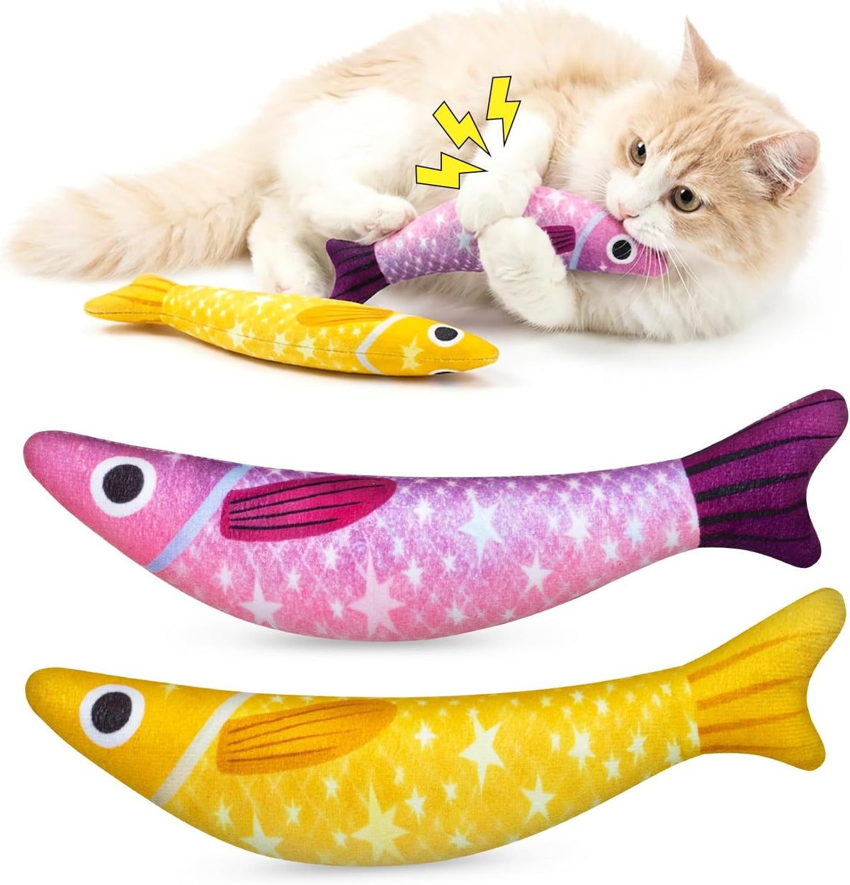 Cat Toys for Indoor Cats, Fish-Shaped Pillow, 2 Pack Yellow + Purple | 5000mg A+Natural Catnip & Bell, Interactive Soft Chew Kicker, For Indoor Cats & Kittens, Crinkle & Bell Fish Sound Toy