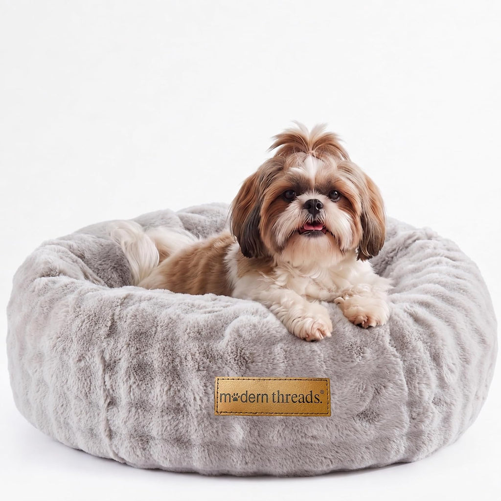 Modern Threads Calming Donut Dog Bed for Small Dogs, Plush Round Faux Fur Pet Bed with Raised Bolster, Soft Washable Dog Bed, 24x24x9, Gray