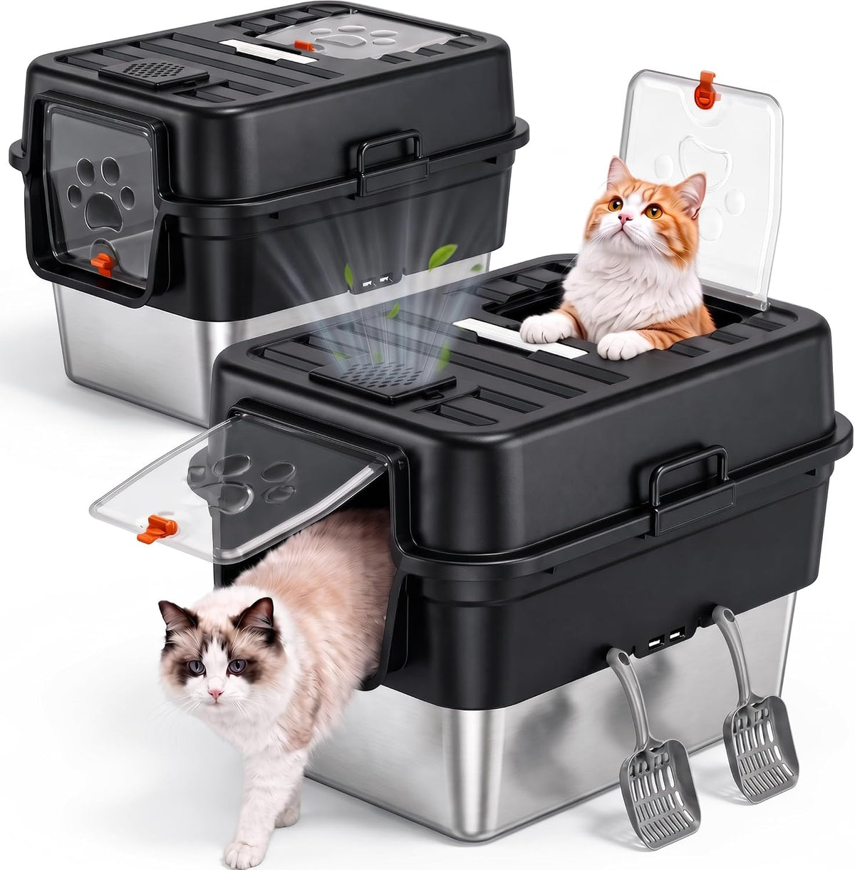 Jotesnew 2 Pack XL Enclosed Stainless Steel Litter Box with Lid, Black