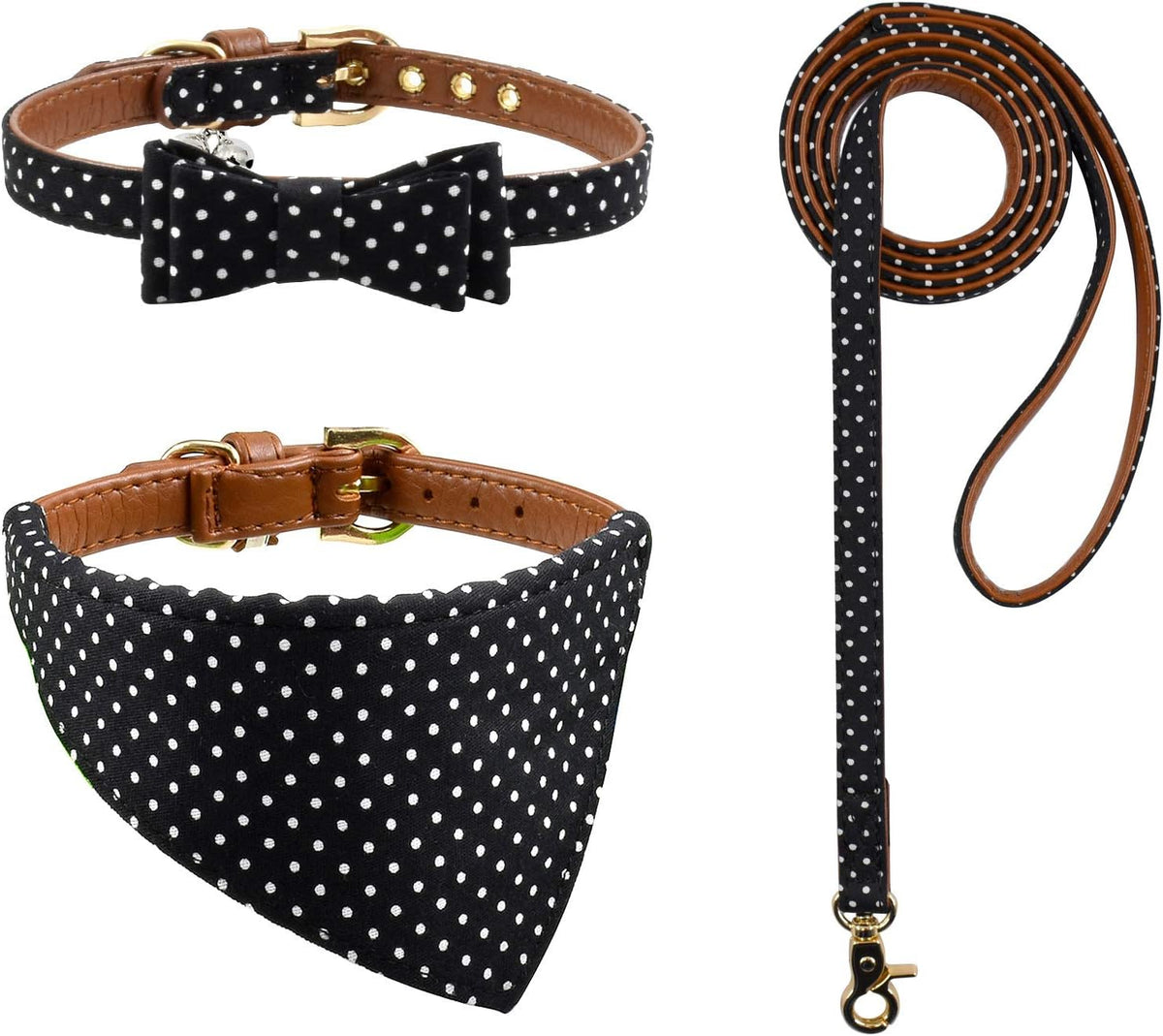 3PCS Bow Tie Dog Collar and Leash Set Plaid/Camo/Dots/Flower Dog Bandanas with Bell 3 Size Adjustable for Small Dogs Puppies and Cats (S, Black Dots)