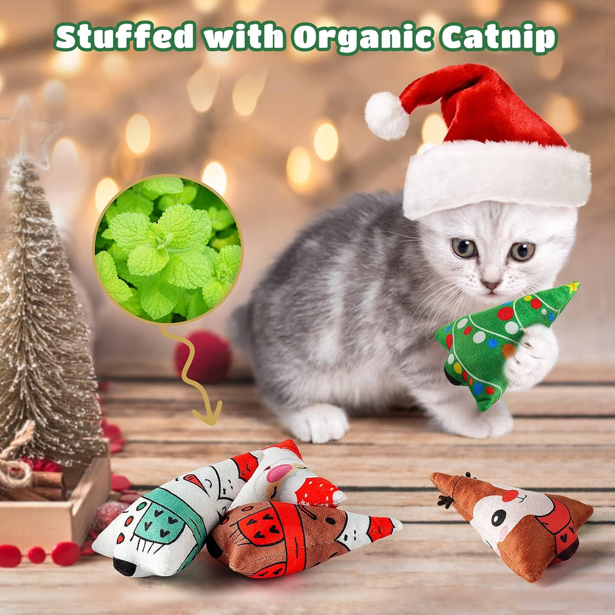 Christmas Catnip Toys Interactive Cats 5PCS Cat Nip Toy/Kitten Chew Plush Gift/Best Play Kick Stuff/Kitty Stuffed Teething Pillow/Cute and Soft Dental Gifts (5 types of Christmas decorations)