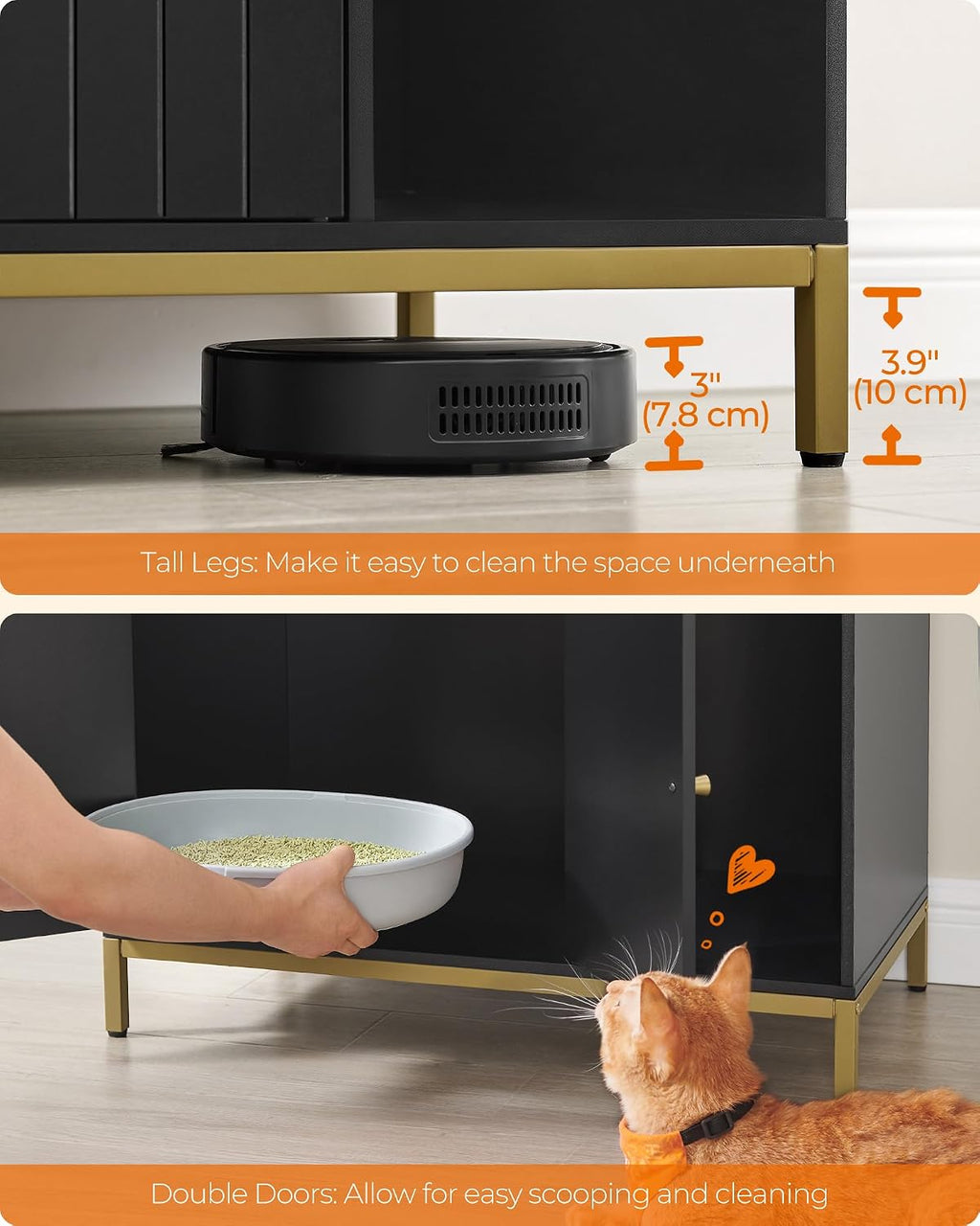 FEANDREA Cat Litter Box Enclosure, with Scratching Mat, Tall Legs