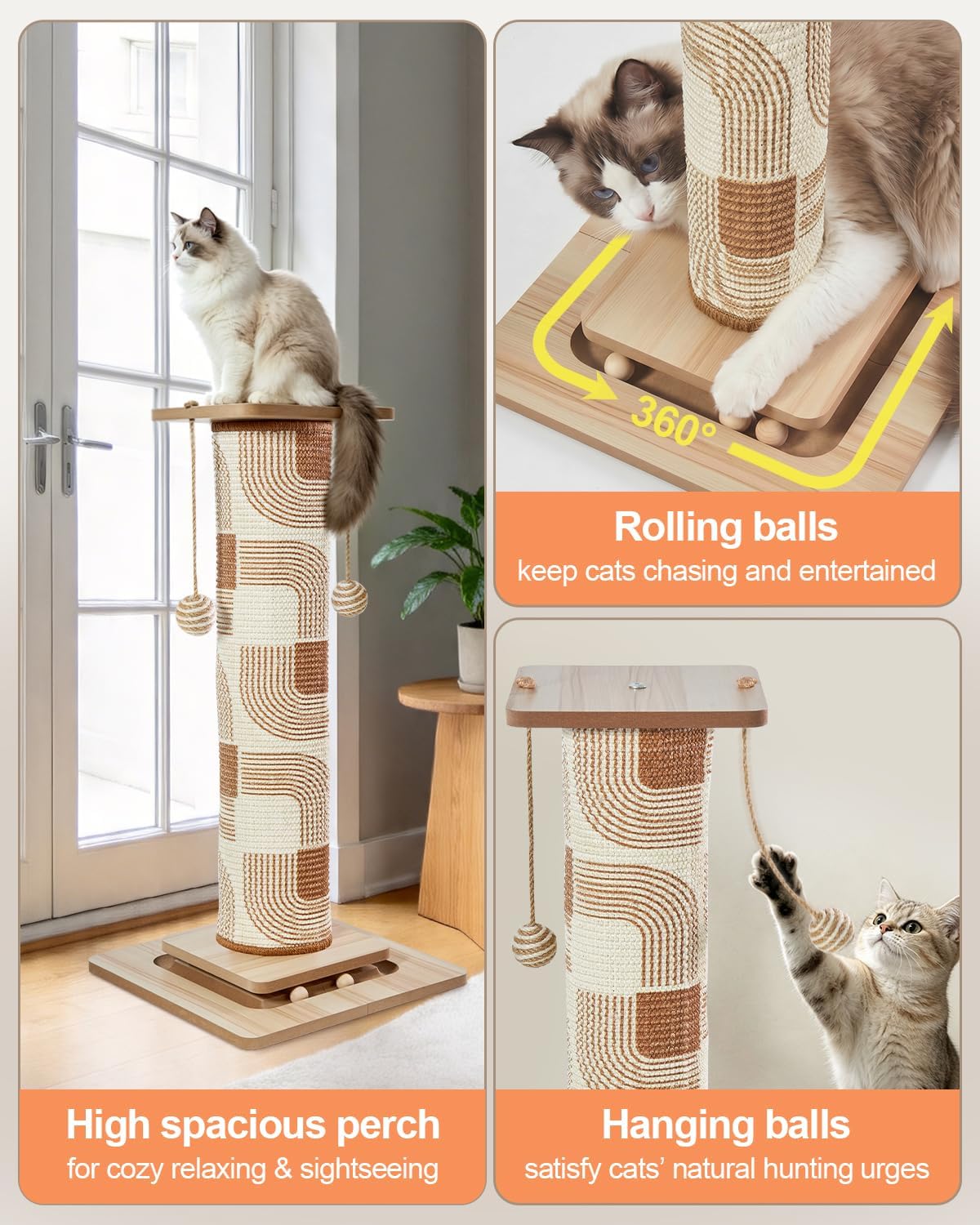 Odoland 31" Tall Large Cat Scratching Post with Replaceable Scratcher Pad
