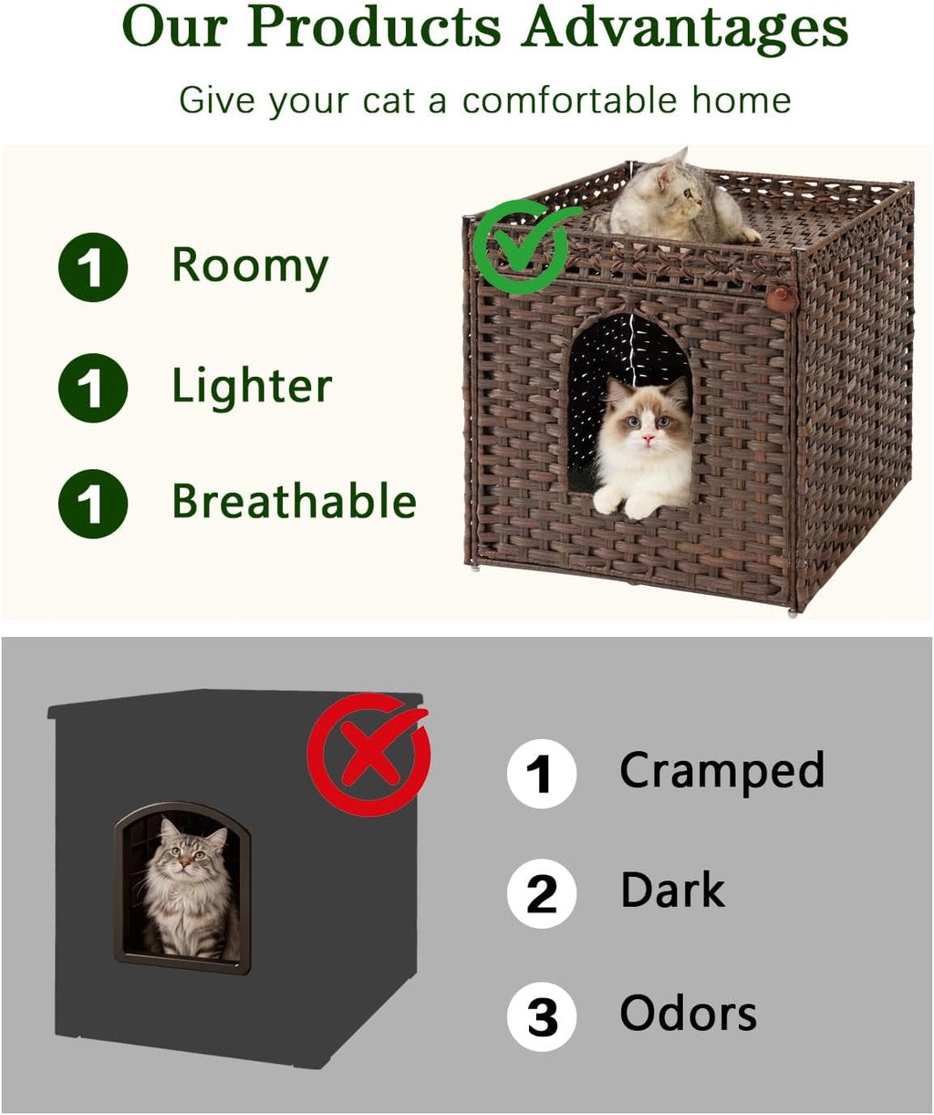 SETVSON Cat Litter Box Enclosure, Large PE Rattan Side Table, Brown