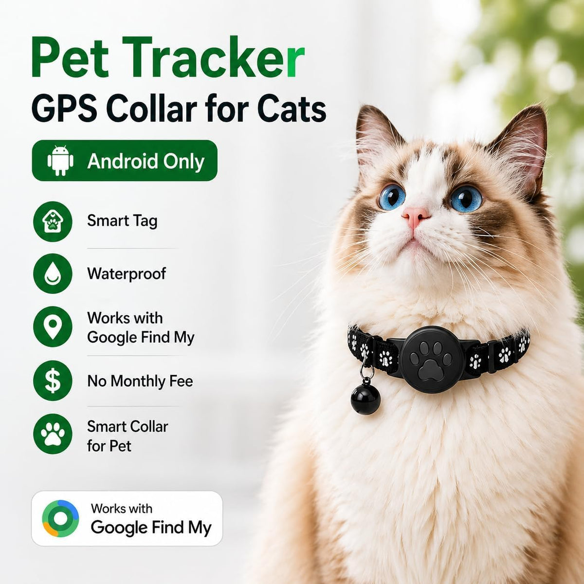 Pet Tracker,GPS Collar for Cats,Smart tag,Waterproof Compatible with Find My,No Monthly Fee,Advanced Tracking Solution Smart Collar for Pet Safety Ideal Small Large Cats(Android User) (Cat-BK-New-01)