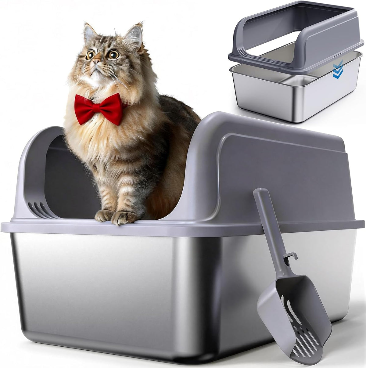 Powools Stainless Steel Cat Litter Box, High-Sided, Grey, M (1 Pack) | Metal Litter Box with Scoop, Anti-Leakage Top Entry, Non-Sticky, Easy to Clean, 6-Inch Splash-Proof Deep Pan