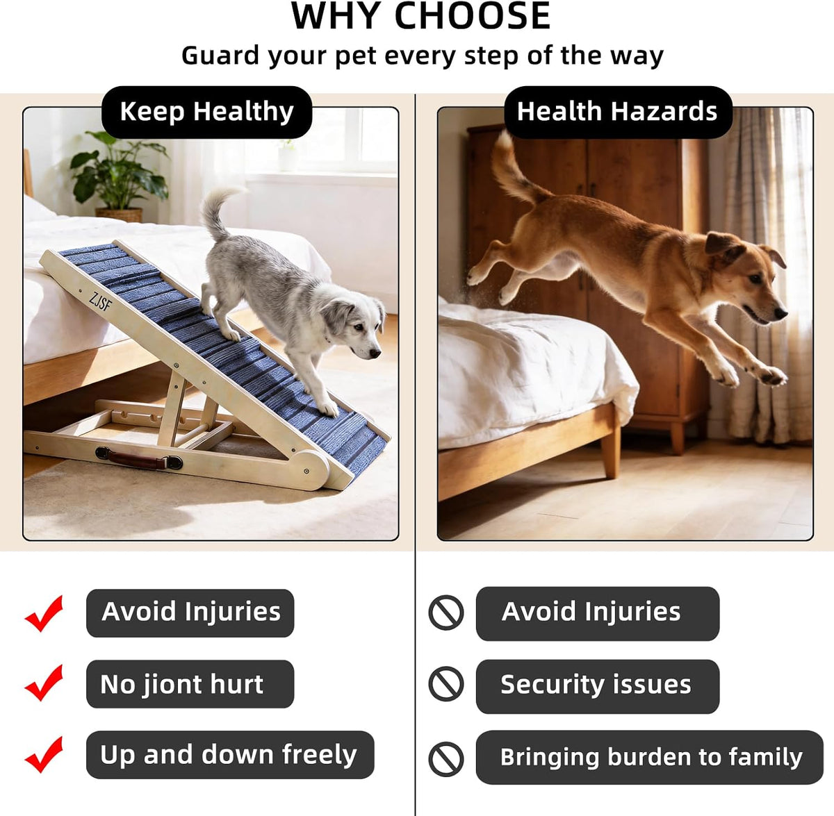ZJSF Foldable Dog Ramp for High Bed, Wooden Dog Stairs to Bed for Small and Large Dogs, High Traction Platform with 6 Adjustable Heights (13.5"-30"), 48" L, Supports up to 220 lbs