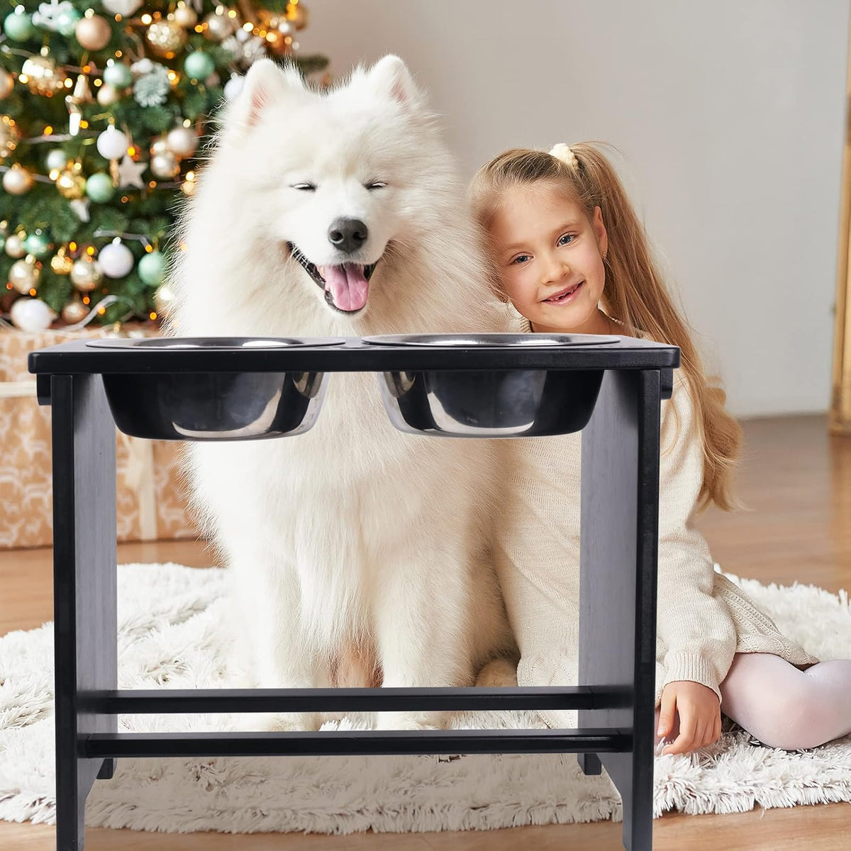 HTB Elevated Dog Bowl Stand with 2 Stainless Steel Bowls-14 H X-Large Black | Raised Dog Bowl Stand, 14"tall, 48 Oz Bowls, for Large Sized Dogs, Pet-safe, Solid Bamboo
