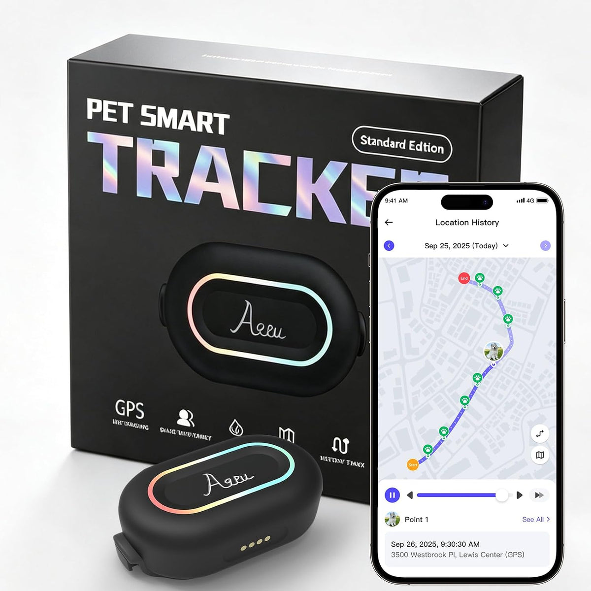 GPS Tracker for Dogs, Cats, Kids, Seniors, Cars, Luggage & Pets - Real-Time Tracking with Floor-Level Positioning, Waterproof Mini Locator with Geofence Alert, LED Light, Voice & Long Battery